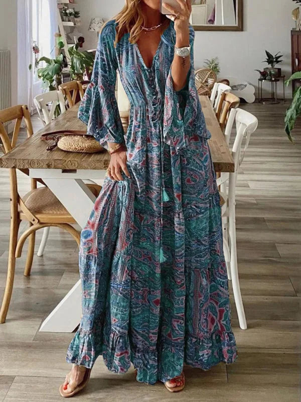 Women's Boho Maxi Dress with Flared Sleeves