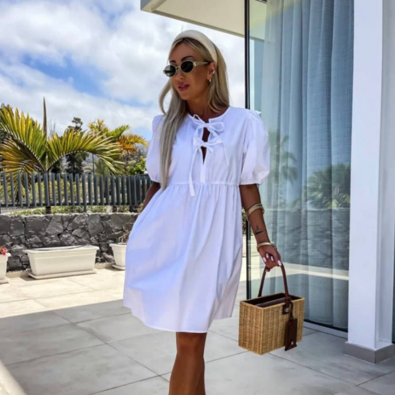 Women's Puff Sleeve Mini Dress with Front Cut-Out and Bows