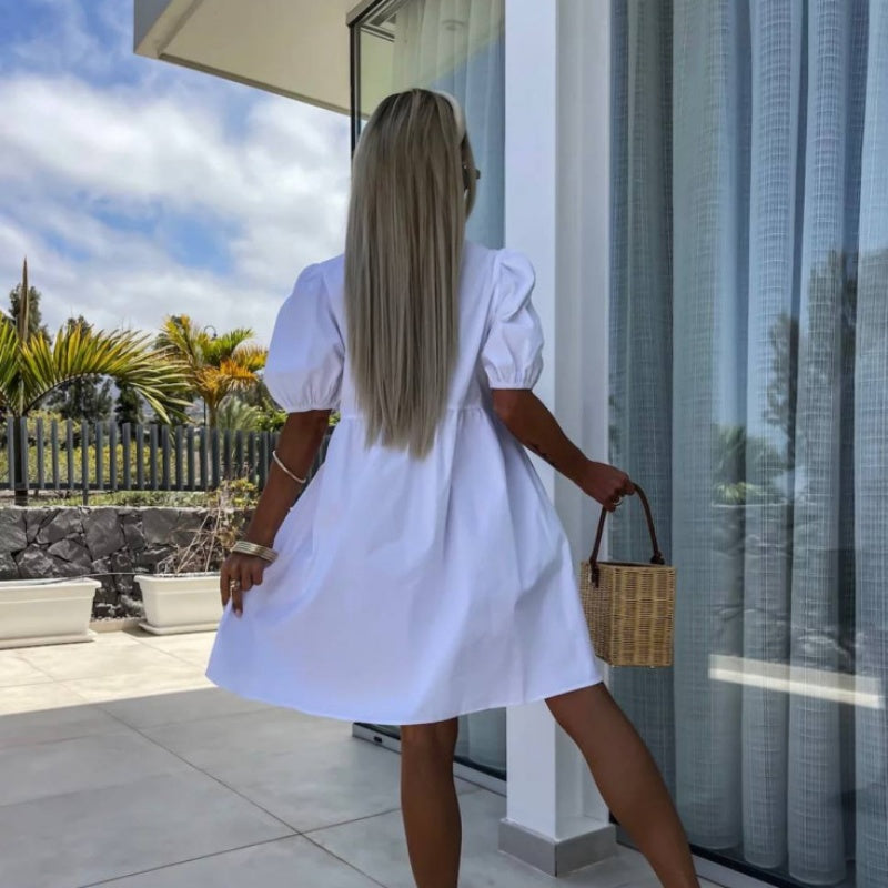 Women's Puff Sleeve Mini Dress with Front Cut-Out and Bows