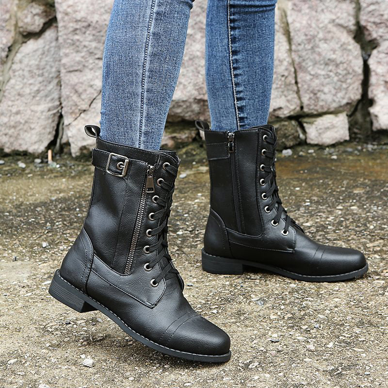 Women’s Lace-Up Mid-Calf Boots with Side Zipper and Buckle Strap Detail