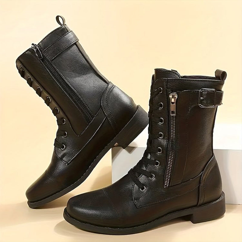 Women’s Lace-Up Mid-Calf Boots with Side Zipper and Buckle Strap Detail
