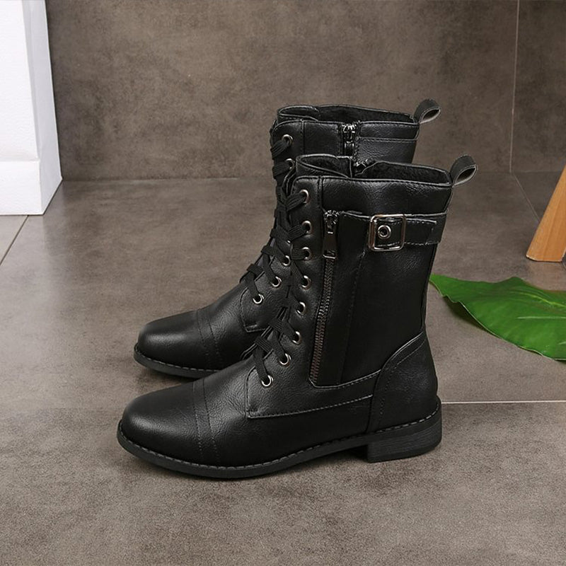 Women’s Lace-Up Mid-Calf Boots with Side Zipper and Buckle Strap Detail