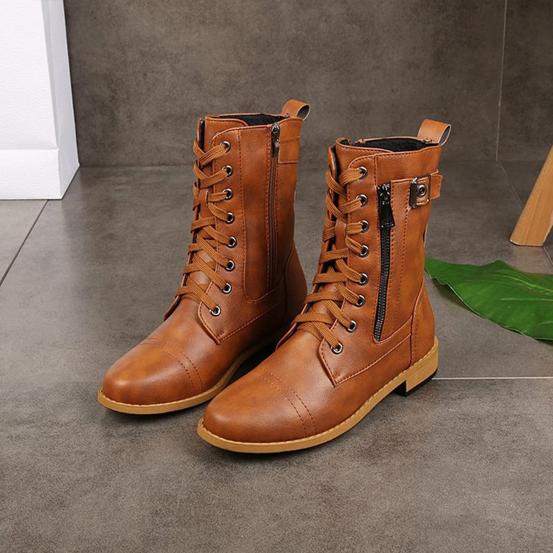 Women’s Lace-Up Mid-Calf Boots with Side Zipper and Buckle Strap Detail
