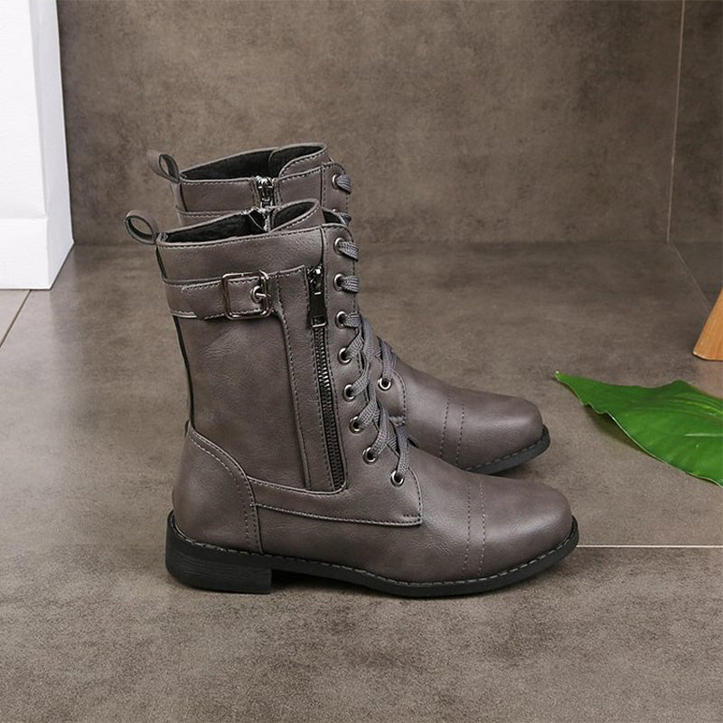 Women’s Lace-Up Mid-Calf Boots with Side Zipper and Buckle Strap Detail