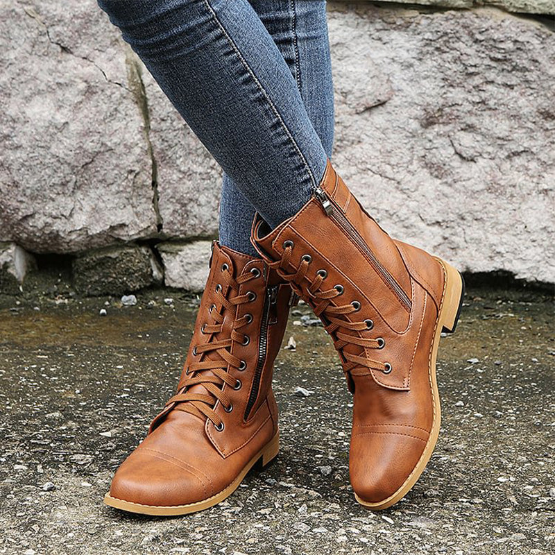 Women’s Lace-Up Mid-Calf Boots with Side Zipper and Buckle Strap Detail