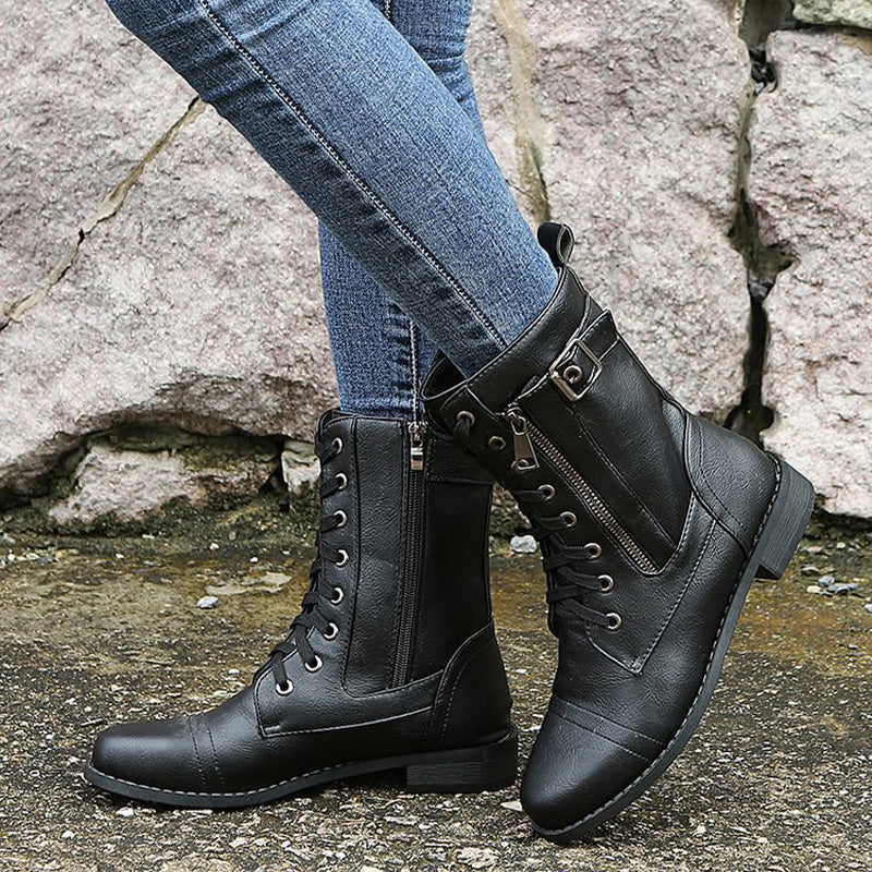 Women’s Lace-Up Mid-Calf Boots with Side Zipper and Buckle Strap Detail