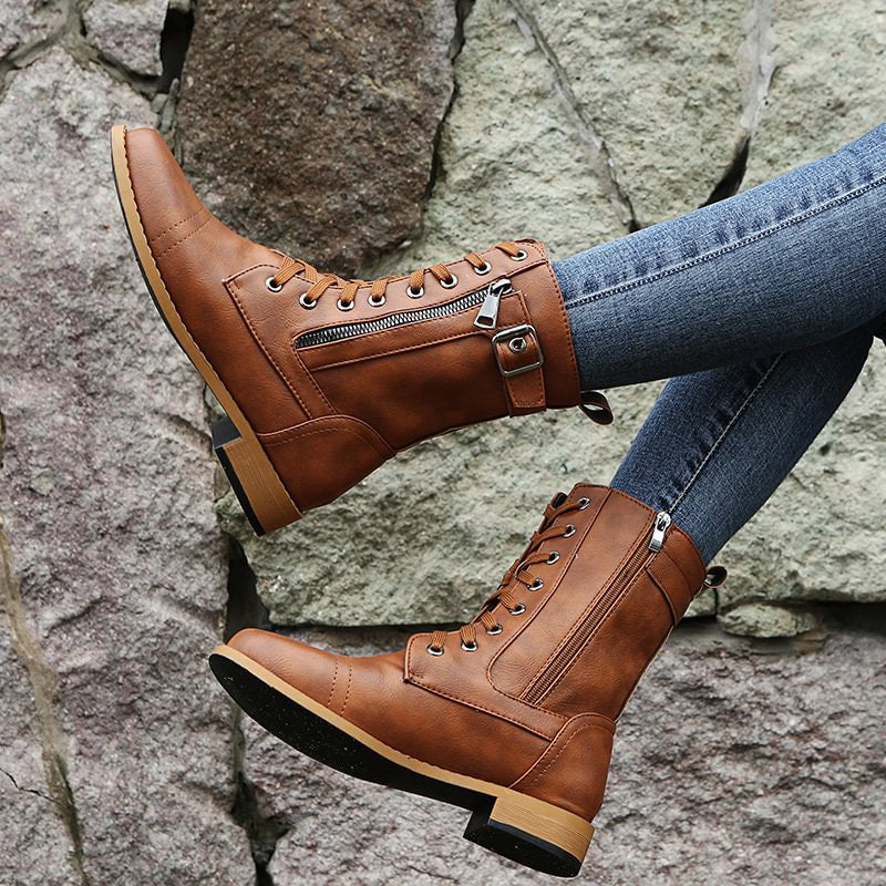 Women’s Lace-Up Mid-Calf Boots with Side Zipper and Buckle Strap Detail