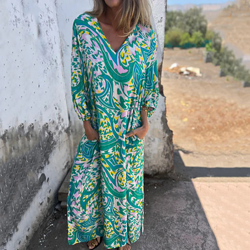 Women's Printed Maxi Dress with V-Neck and Relaxed Fit Sleeves