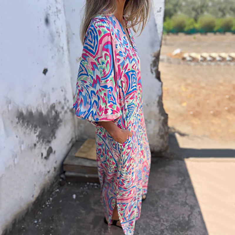 Women's Printed Maxi Dress with V-Neck and Relaxed Fit Sleeves
