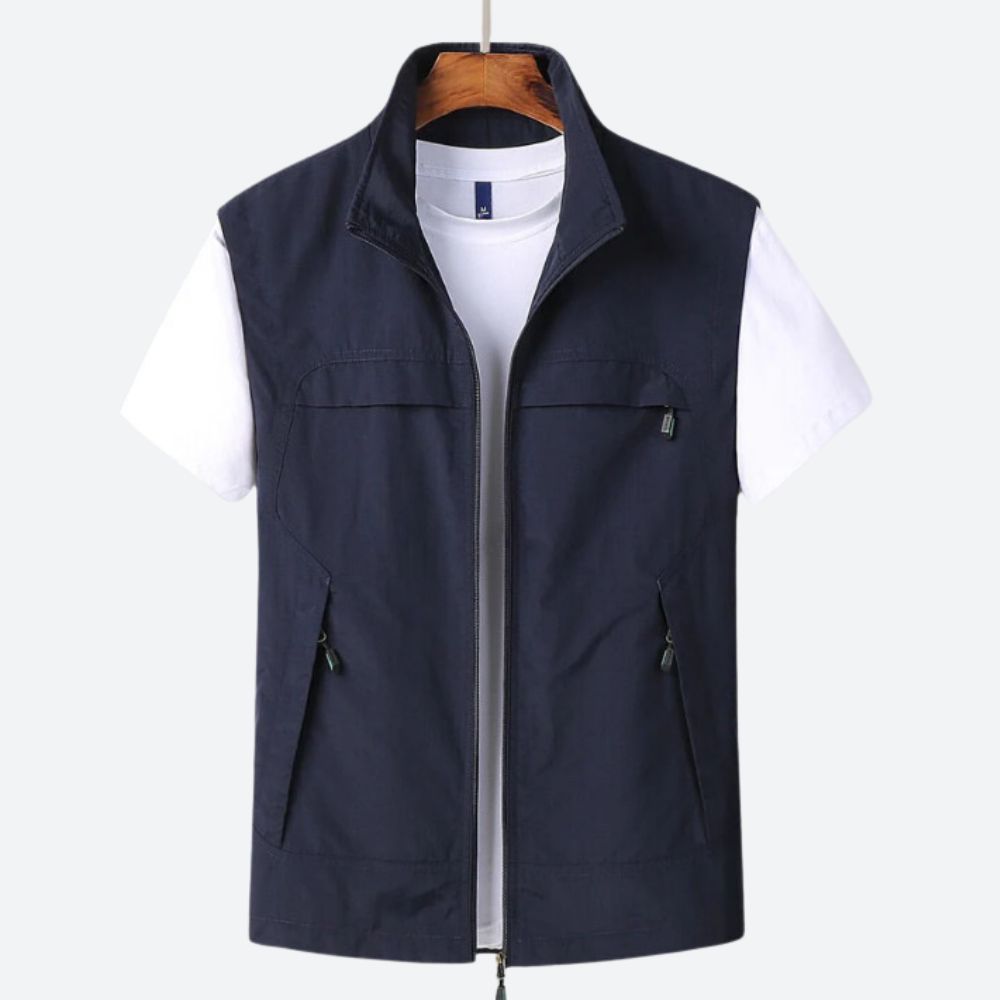 Men's Sleeveless Zip-Up Cardigan with Stand Collar and Pockets