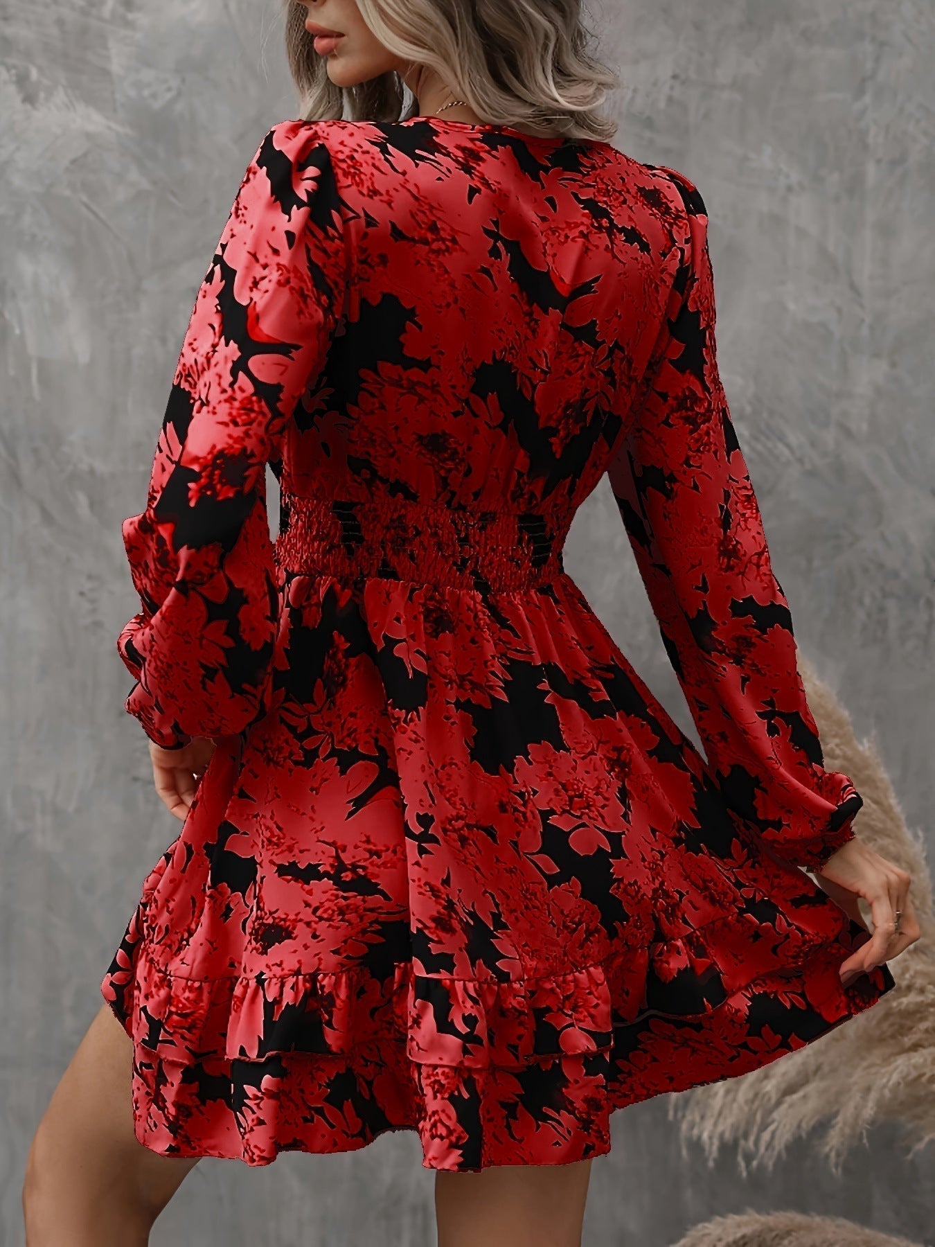 Women's Long Sleeve Floral Mini Dress with Ruffle Hem