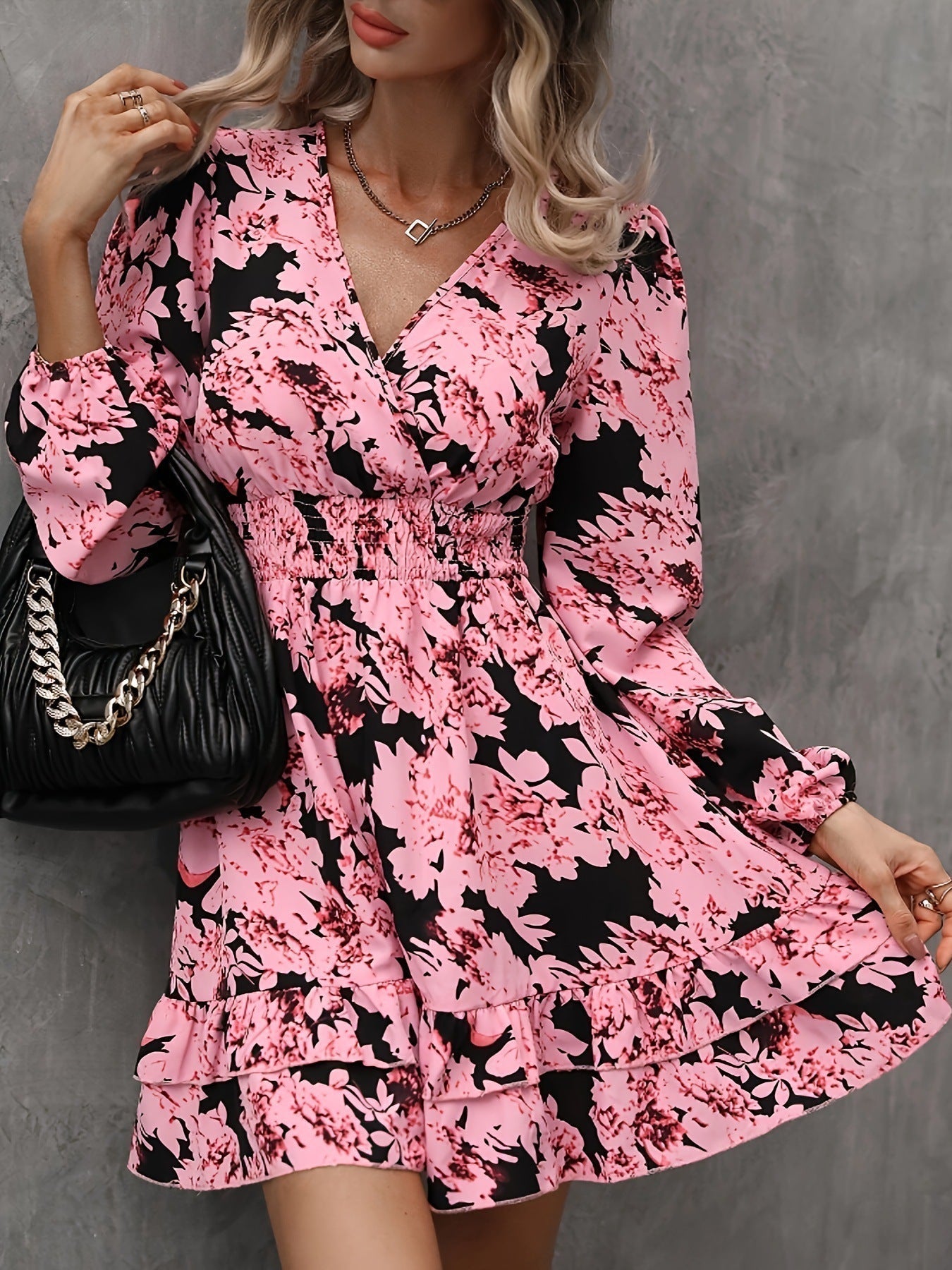Women's Long Sleeve Floral Mini Dress with Ruffle Hem