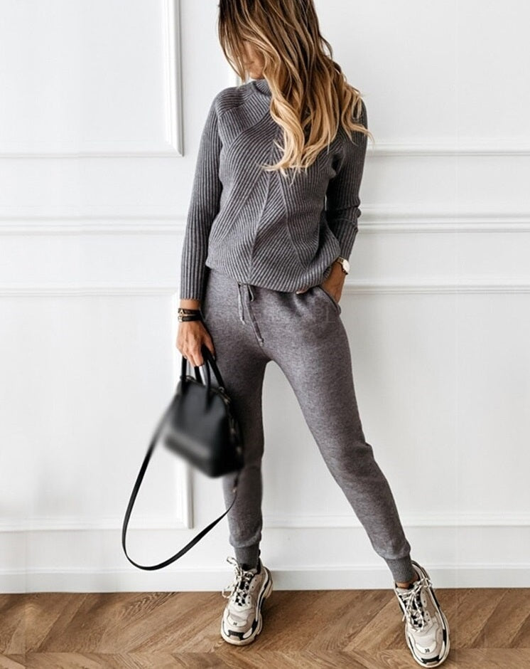 Women's Ribbed Knit 2-Piece Tracksuit with Joggers and Pullover