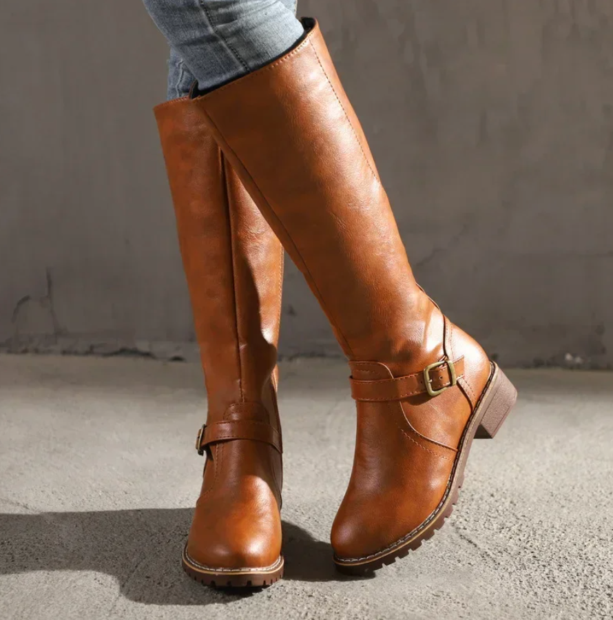 Women's Knee High Boots with Buckle Strap and Low Block Heel