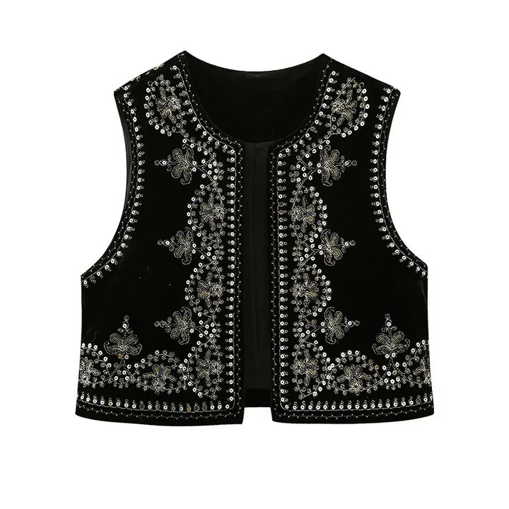 Women's Sleeveless Vintage Embroidered Vest with Open Front Design