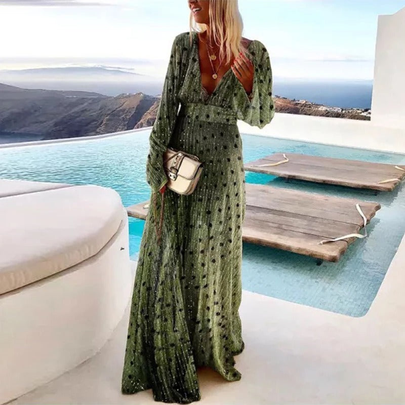 Women's Long Sleeve V-Neck Maxi Dress with Flowy Silhouette