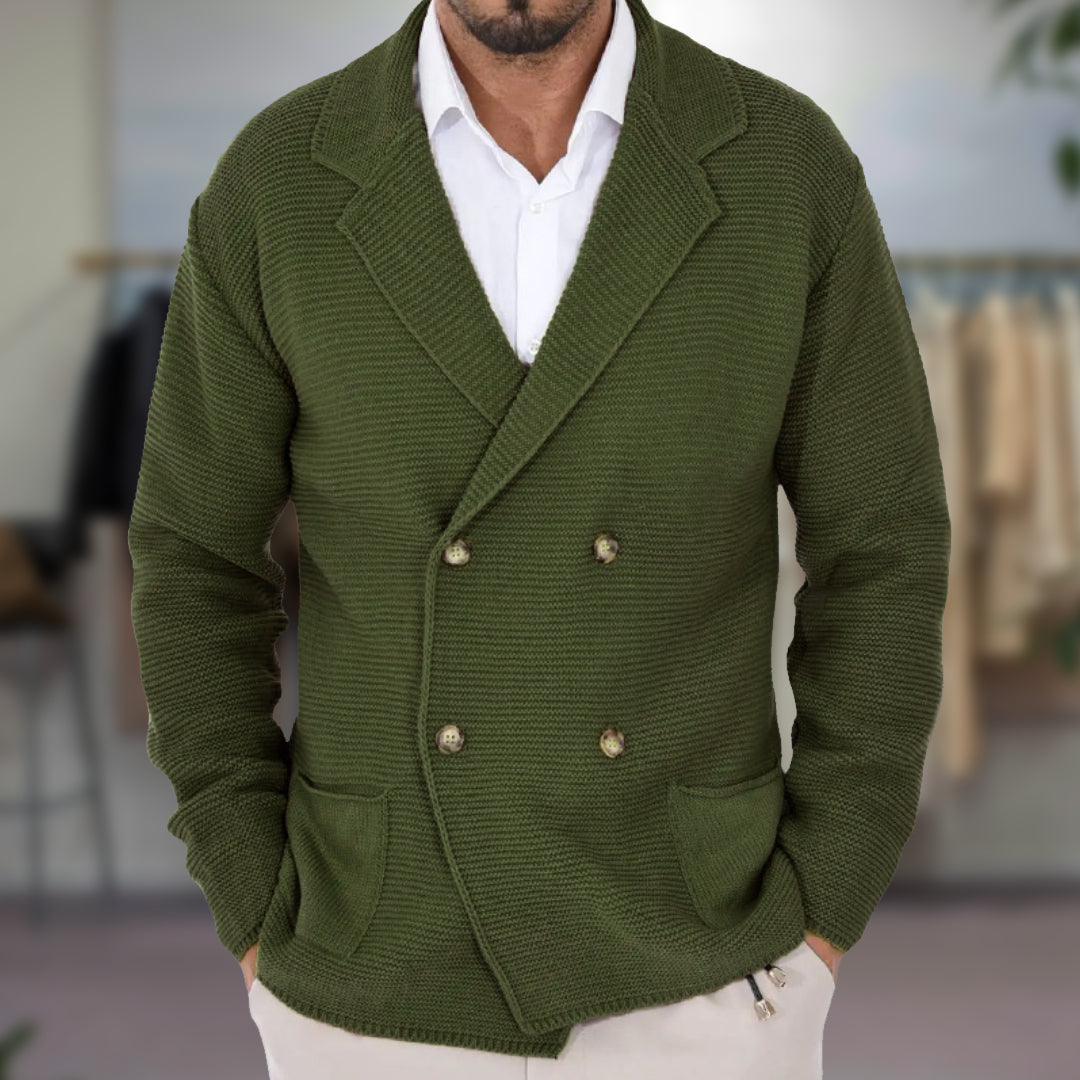 Men's Knit Cardigan with Double-Breasted Front and Blazer Lapel