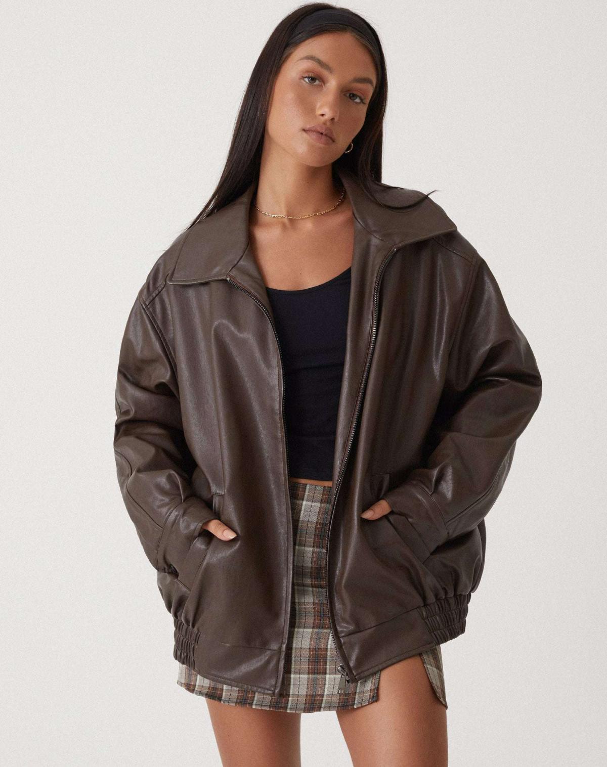Women's Zip-Up Leather Jacket with Relaxed Fit and High Collar