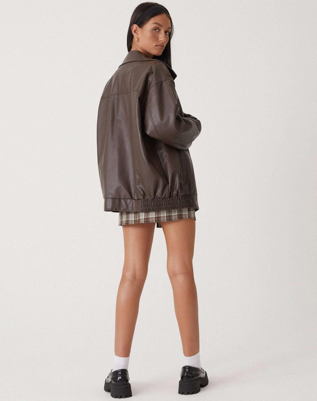 Women's Zip-Up Leather Jacket with Relaxed Fit and High Collar