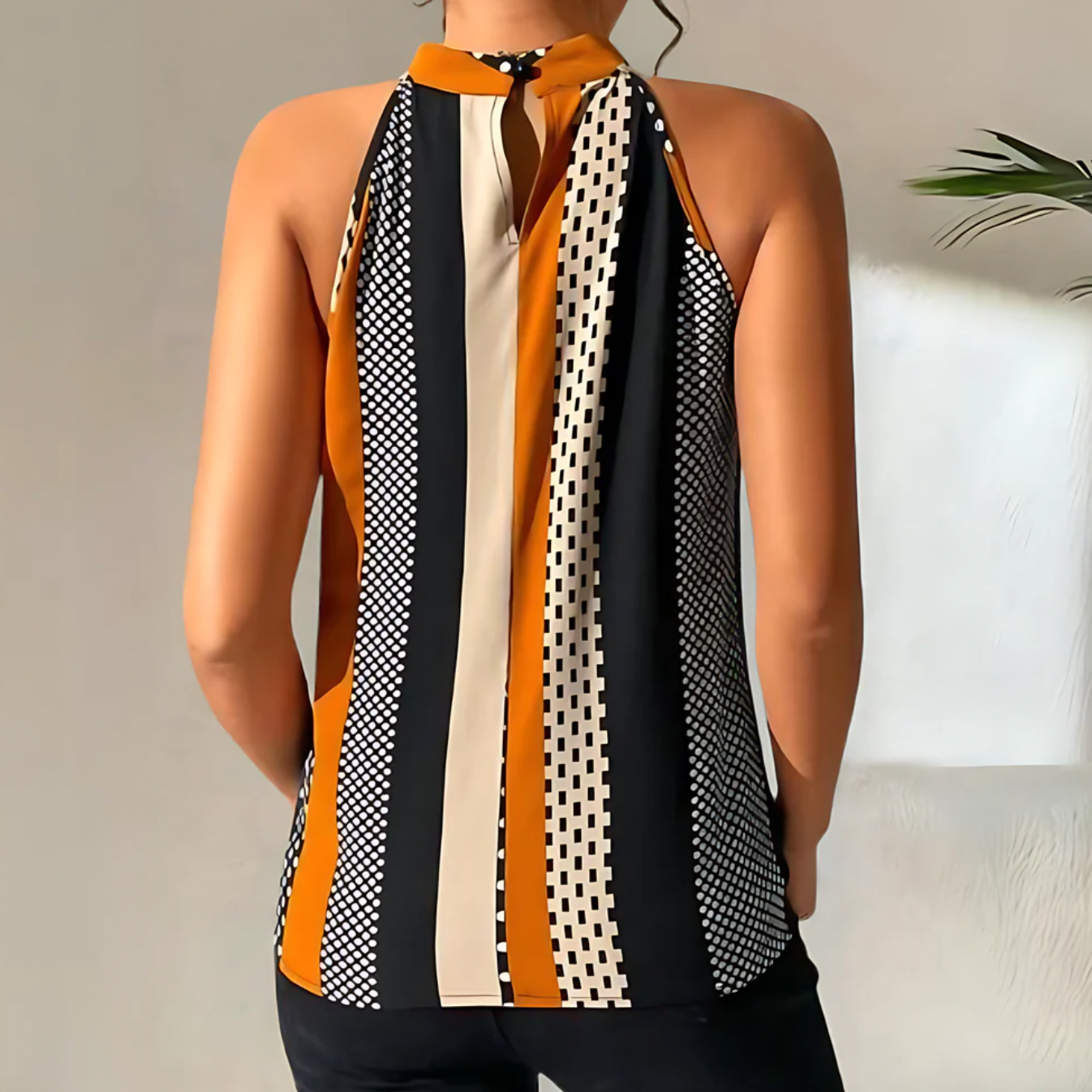 Women's Sleeveless Halter Top with Geometric Print and Keyhole Neck