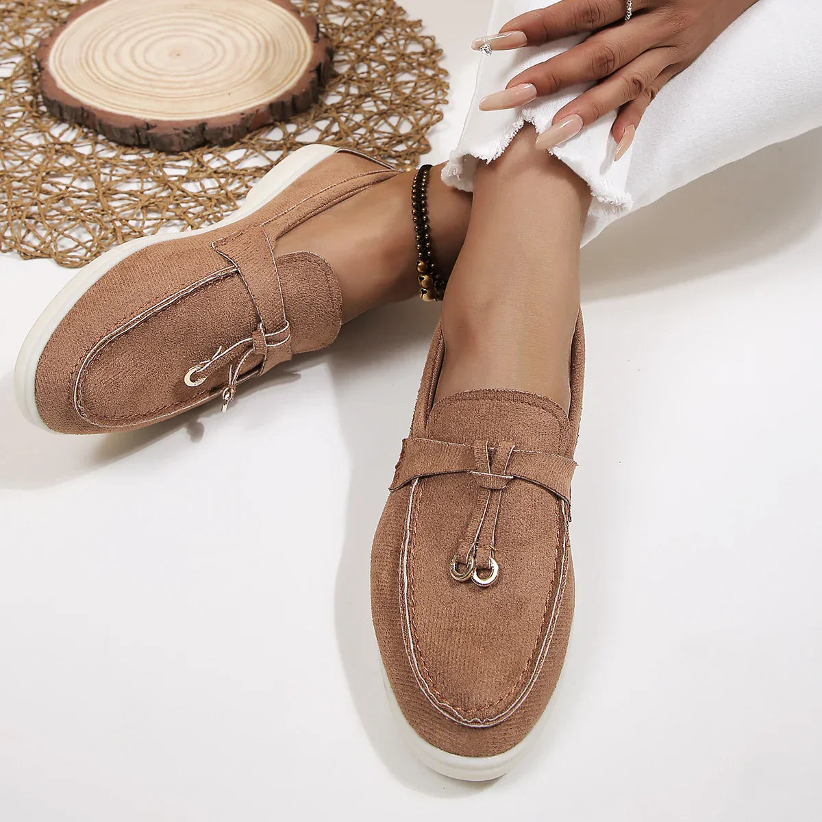 Women's Casual Slip-On Shoes with Round Toe and Decorative Tassels