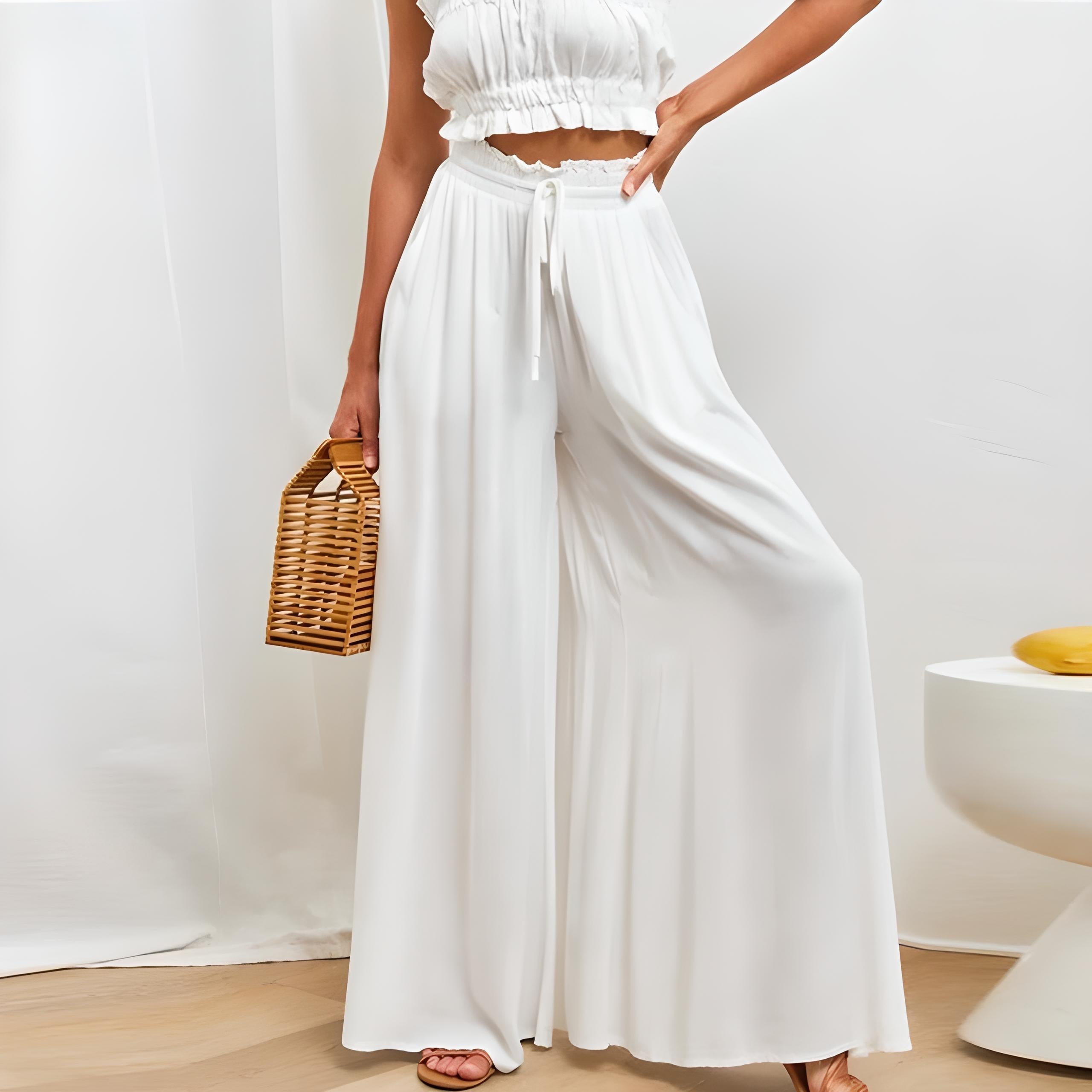 Women's Wide Leg High Waist Pants with Drawstring and Relaxed Fit