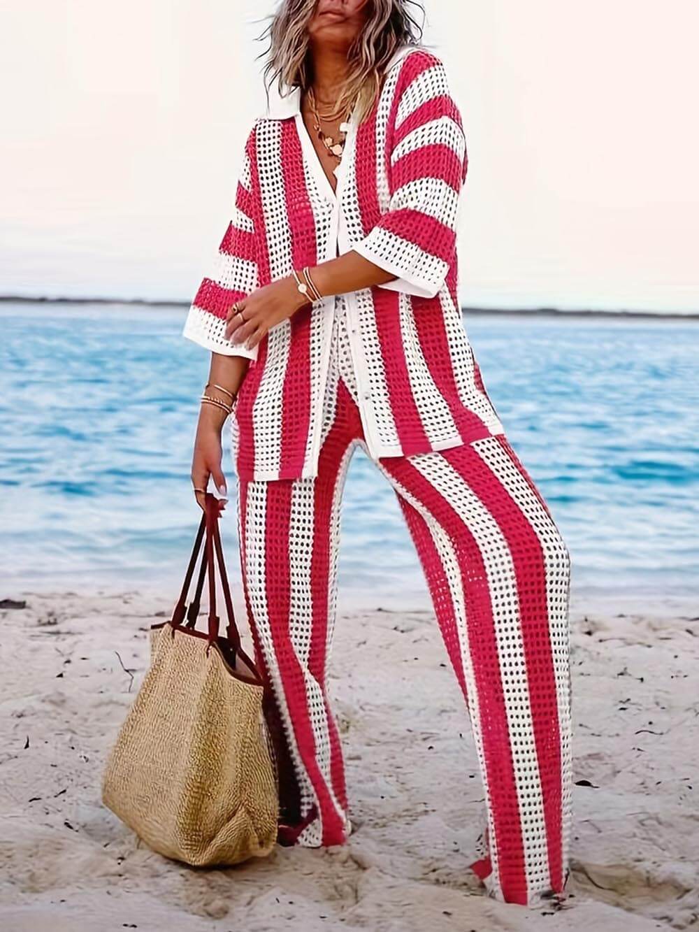 Women's Open Knit Striped Set with V-Neck Shirt and Wide-Leg Pants