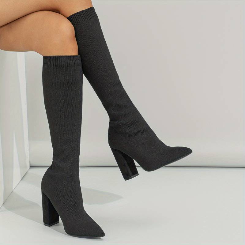 Women's Knee High Sock Boots with Pointed Toe and Block Heel