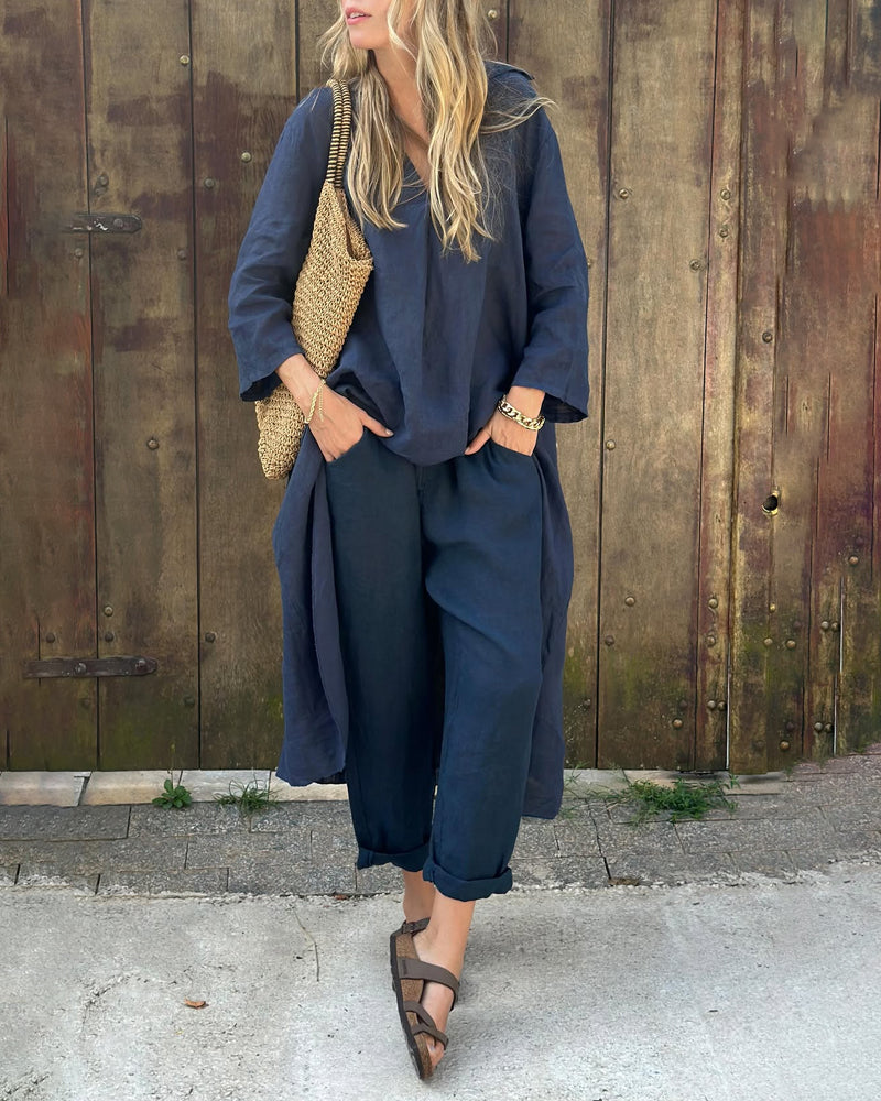 Women's Oversized Two-Piece Lounge Set with Longline Top and Cropped Pants