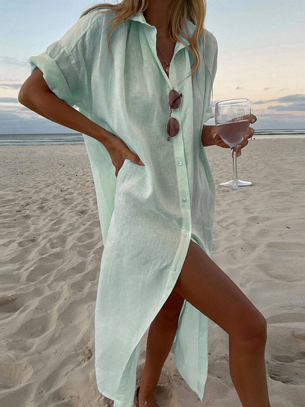 Women's Oversized Button-Down Maxi Shirt Dress with Side Slit