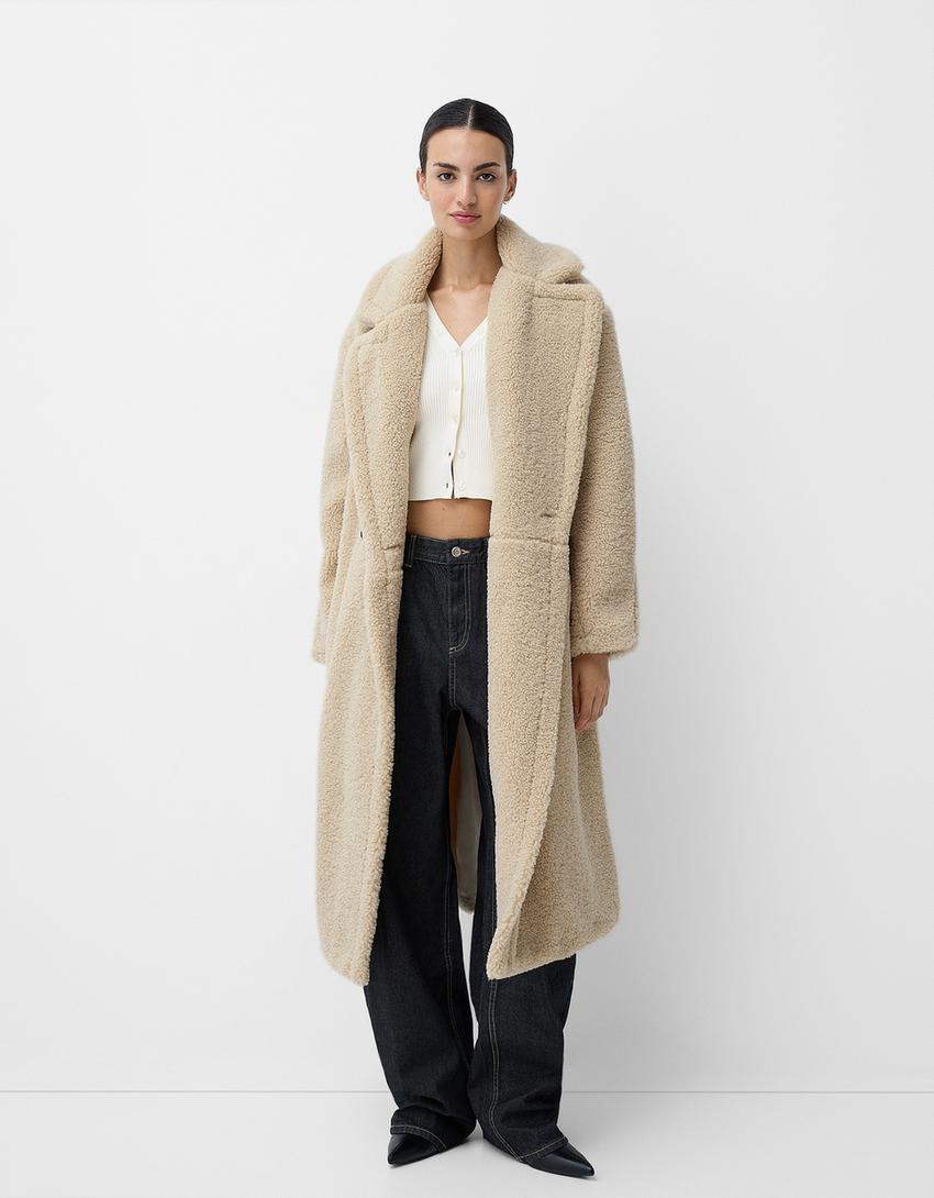 Women's Oversized Teddy Fur Winter Coat with Lapel and Button Front