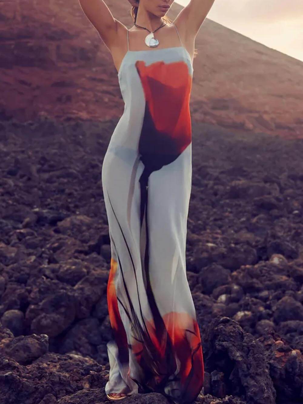 Women's Abstract Tulip Print Vacation Slip H-Line Maxi Dress