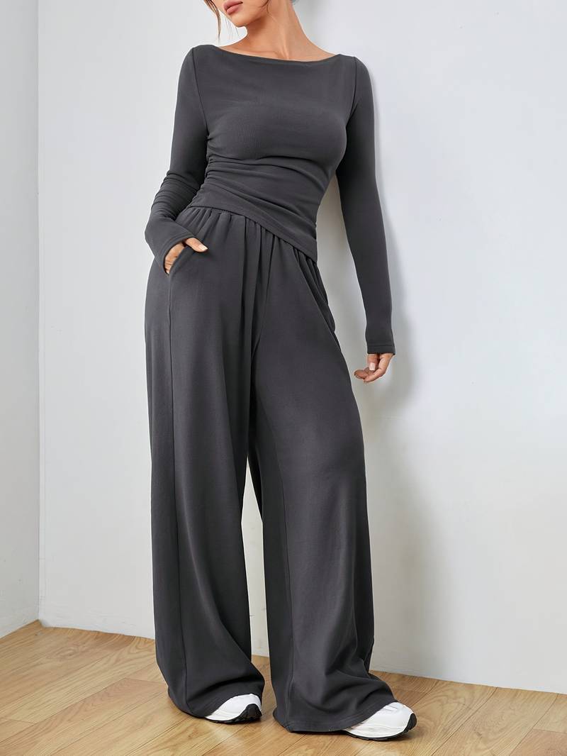 Women's Casual Long Sleeve Shirt and Wide-Leg Pants Set