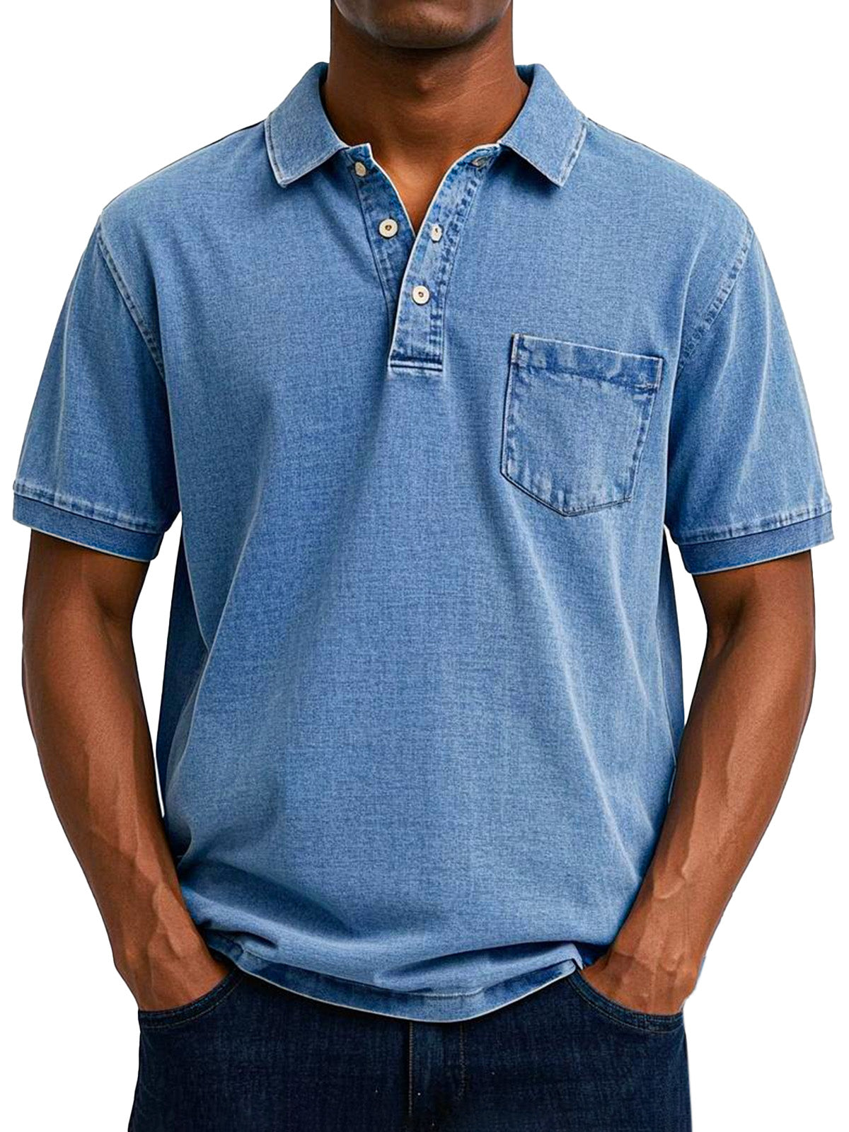 Men's Relaxed Fit Denim Polo Shirt with Chest Pocket Detail