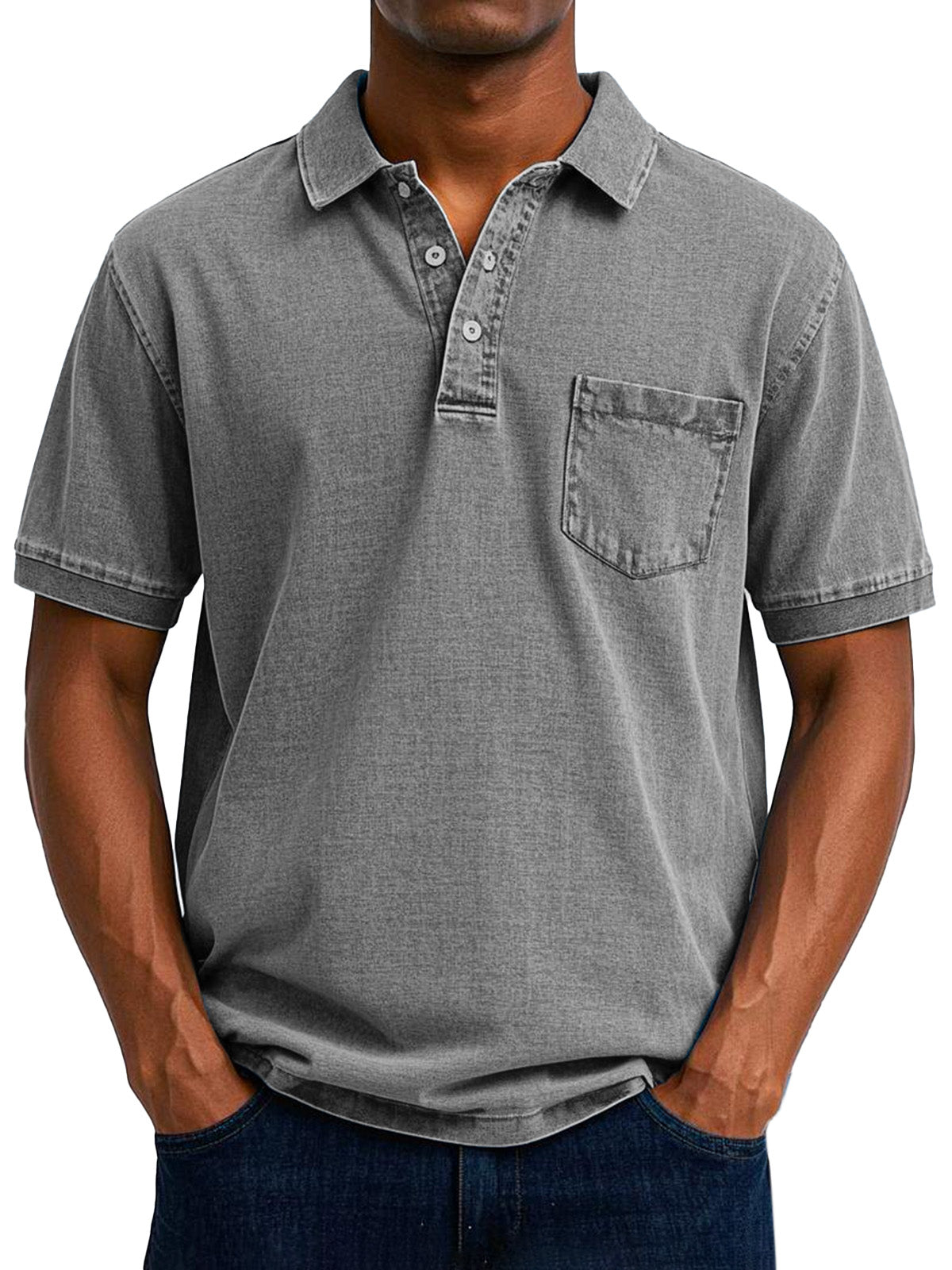 Men's Relaxed Fit Denim Polo Shirt with Chest Pocket Detail