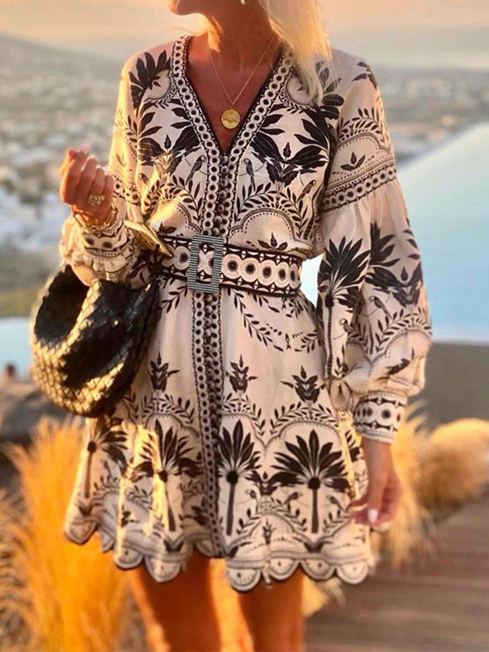 Women’s Printed Beach Loose Mini Dress with Puff Sleeves