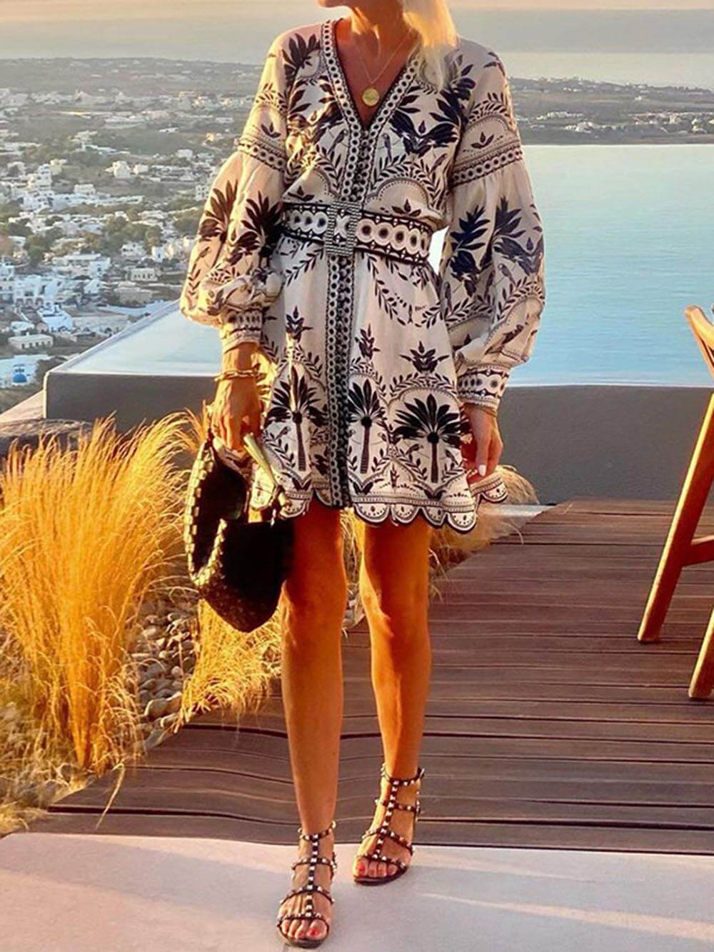 Women's Boho Mini Dress with Balloon Sleeves and Floral Embroidery