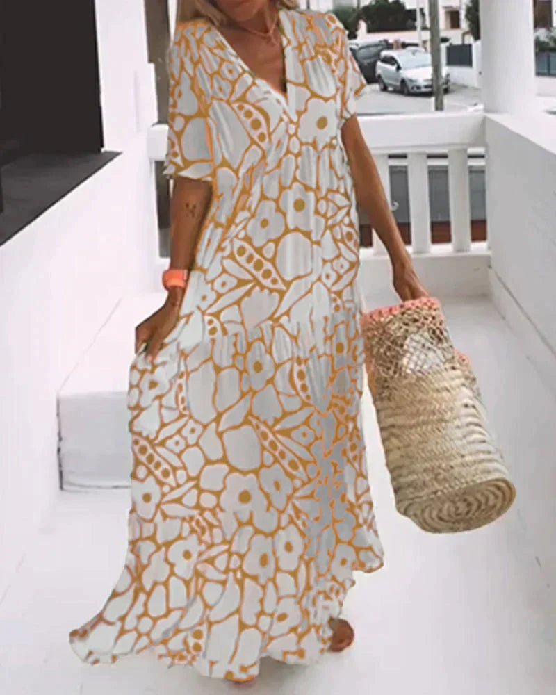 Women's V-Neck Maxi Dress with Short Sleeves and Floral Print