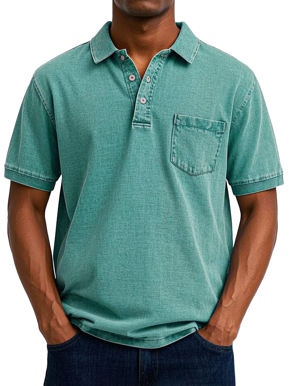 Men's Relaxed Fit Denim Polo Shirt with Chest Pocket Detail