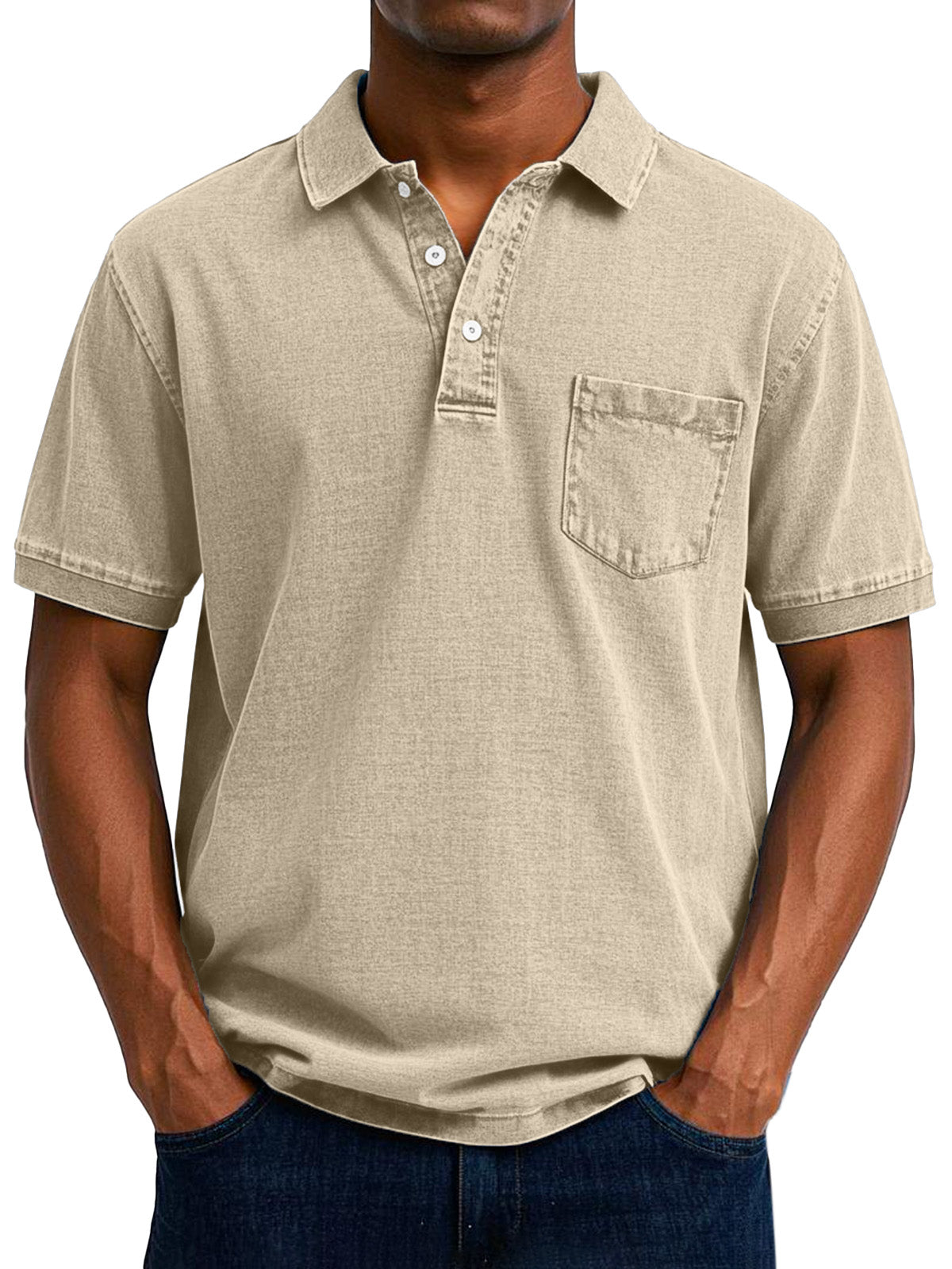 Men's Relaxed Fit Denim Polo Shirt with Chest Pocket Detail