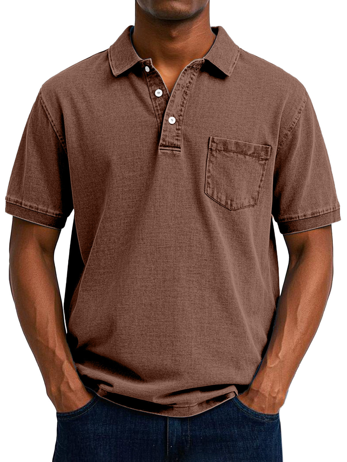 Men's Relaxed Fit Denim Polo Shirt with Chest Pocket Detail