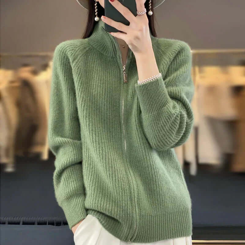 Women's Full-Zip Knit Cardigan with High Collar and Long Sleeves
