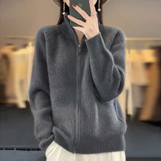 Women's Full-Zip Knit Cardigan with High Collar and Long Sleeves