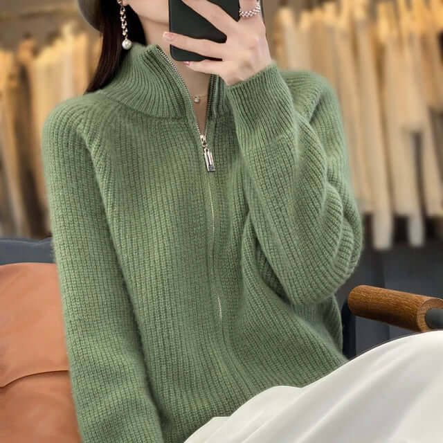 Women's Full-Zip Knit Cardigan with High Collar and Long Sleeves