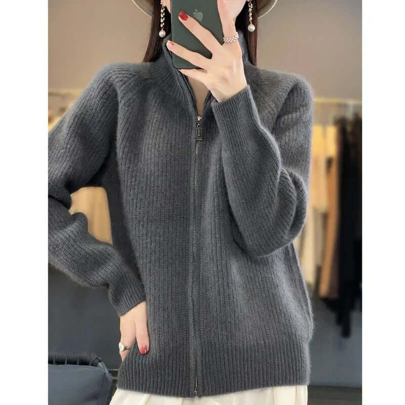 Women's Full-Zip Knit Cardigan with High Collar and Long Sleeves