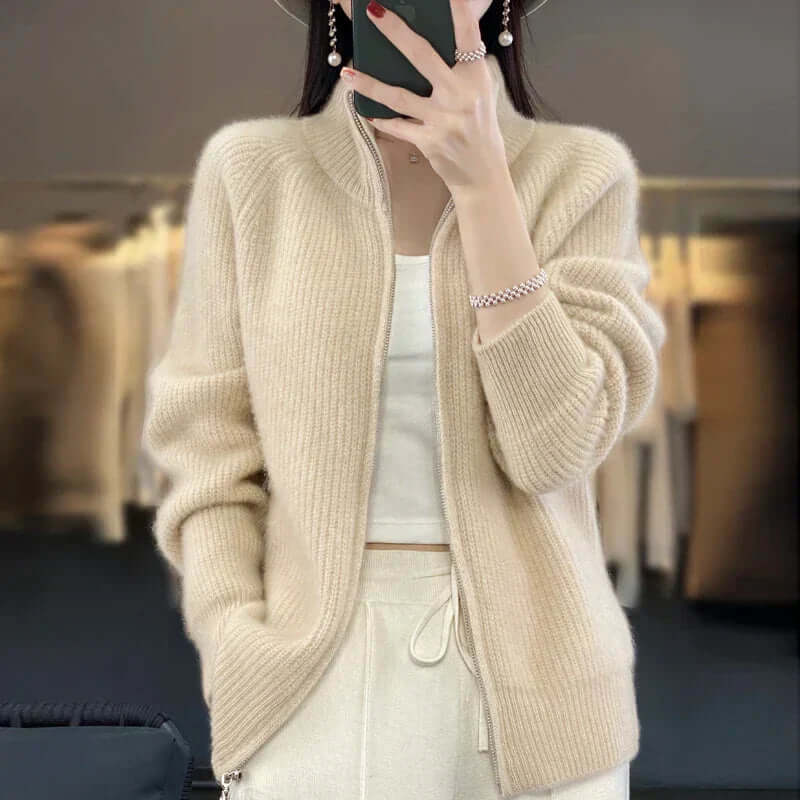 Women's Full-Zip Knit Cardigan with High Collar and Long Sleeves