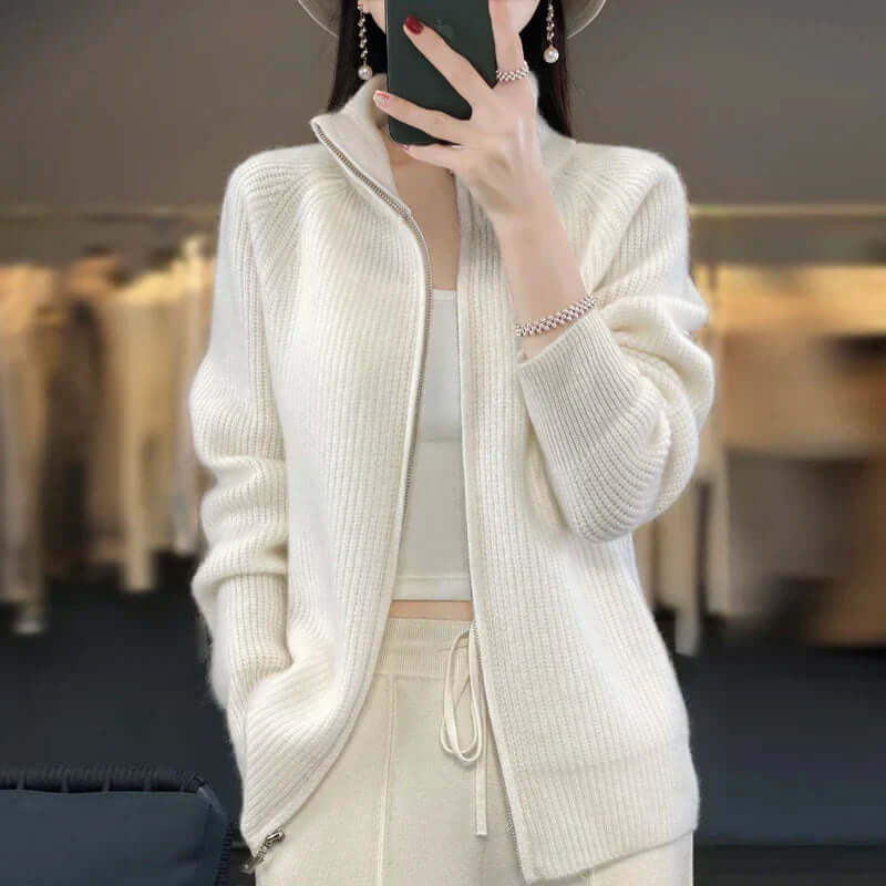 Women's Full-Zip Knit Cardigan with High Collar and Long Sleeves