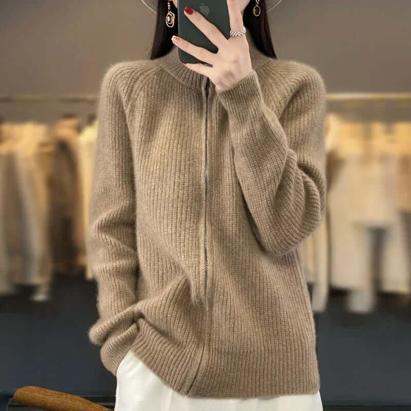 Women's Full-Zip Knit Cardigan with High Collar and Long Sleeves