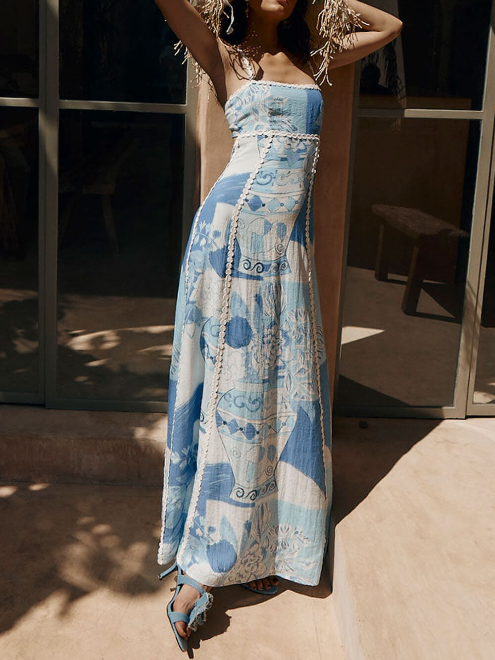 Women’s Printed Halter Strap Maxi Dress with Lace Patchwork and Back Tie
