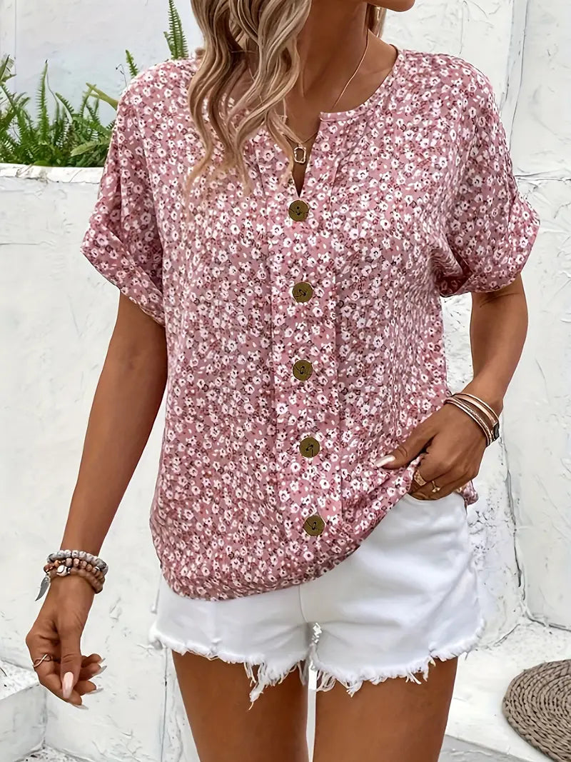 Women's Floral Short-Sleeve Button Top with Loose Casual Fit
